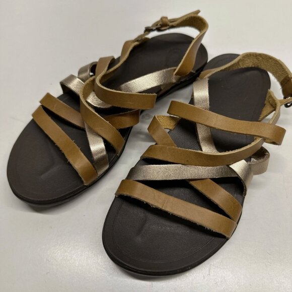 OluKai Awe Awe Sandals Leather Strappy Shoes Open Toe Brown Gold Womens Size 7 - Picture 6 of 12